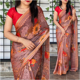 Georgette Printed Saree with Heavy Zari weaving work ClothsVilla