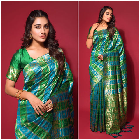 Green Silk Jacquard Saree with Zari weaving Work ClothsVilla Main image