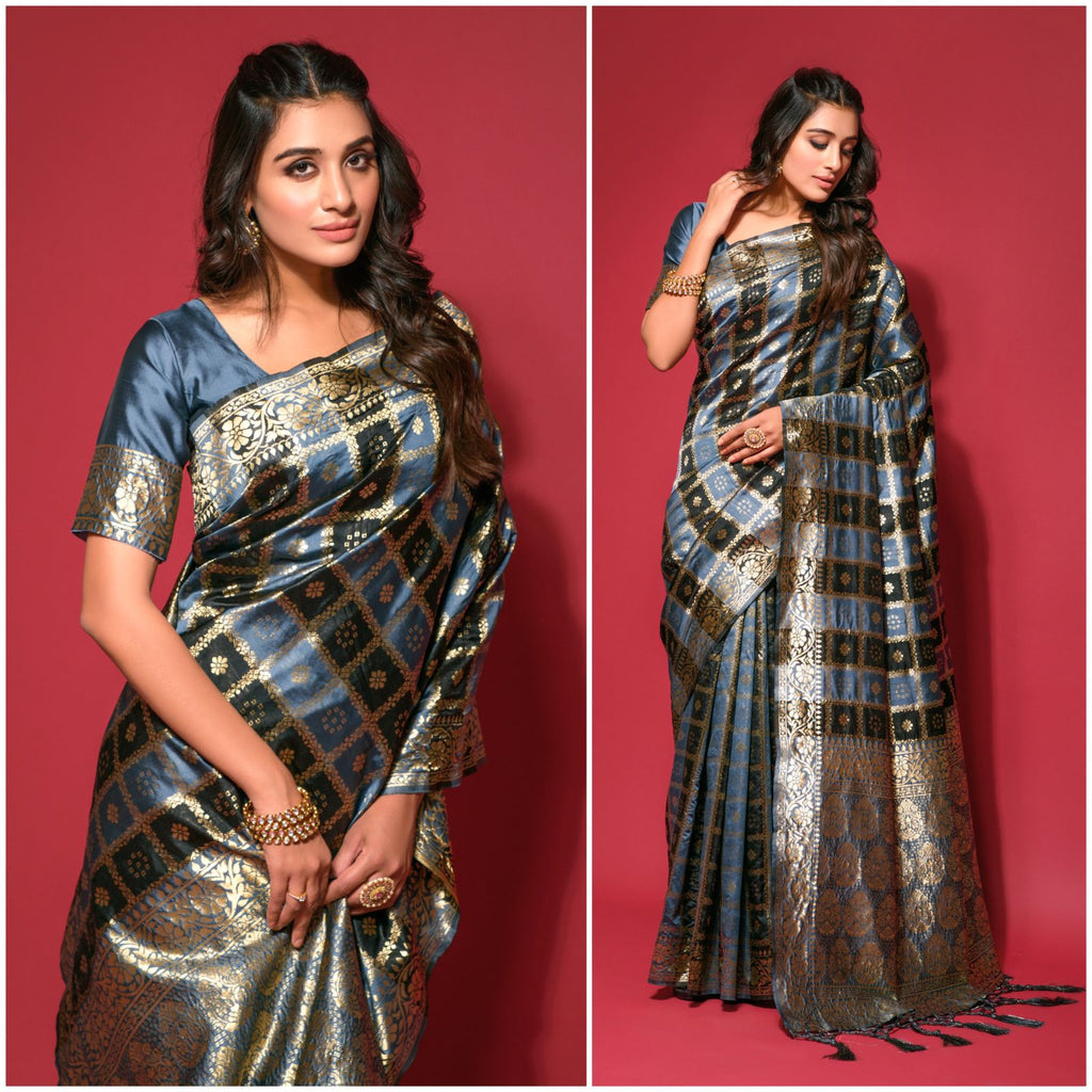 Dark Grey Silk jacquard Saree with Zari weaving Work ClothsVilla