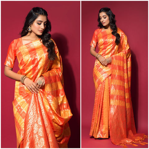 Orange Silk jacquard Saree with Zari weaving Work ClothsVilla Main image