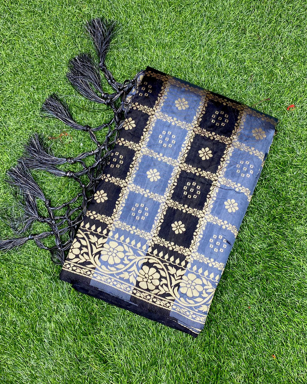Dark Grey Silk jacquard Saree with Zari weaving Work ClothsVilla