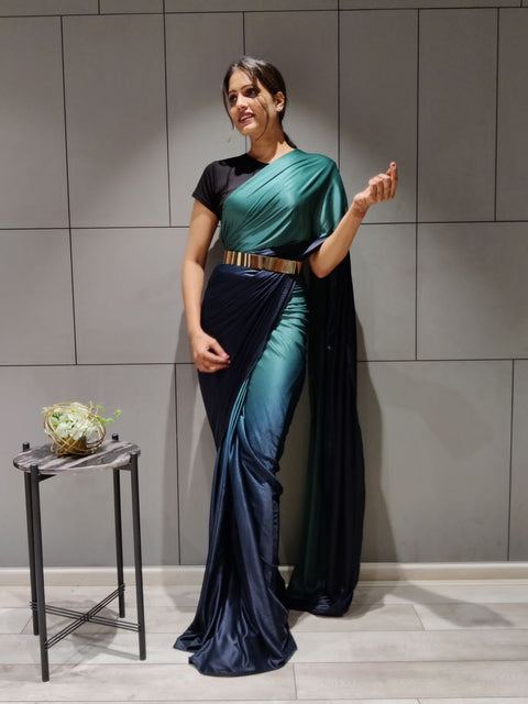 Teal Color Ready to wear Lycra saree with Metal Belt ClothsVilla Main image