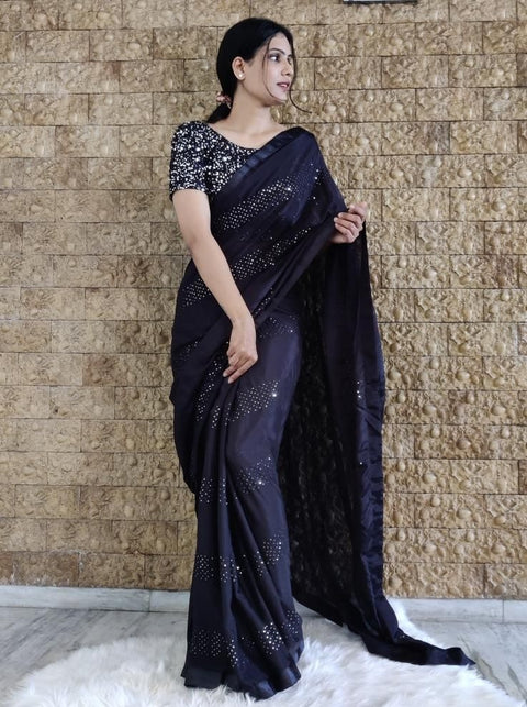 Black Chinnon Saree with heavy sequence Work Blouse ClothsVilla Main image