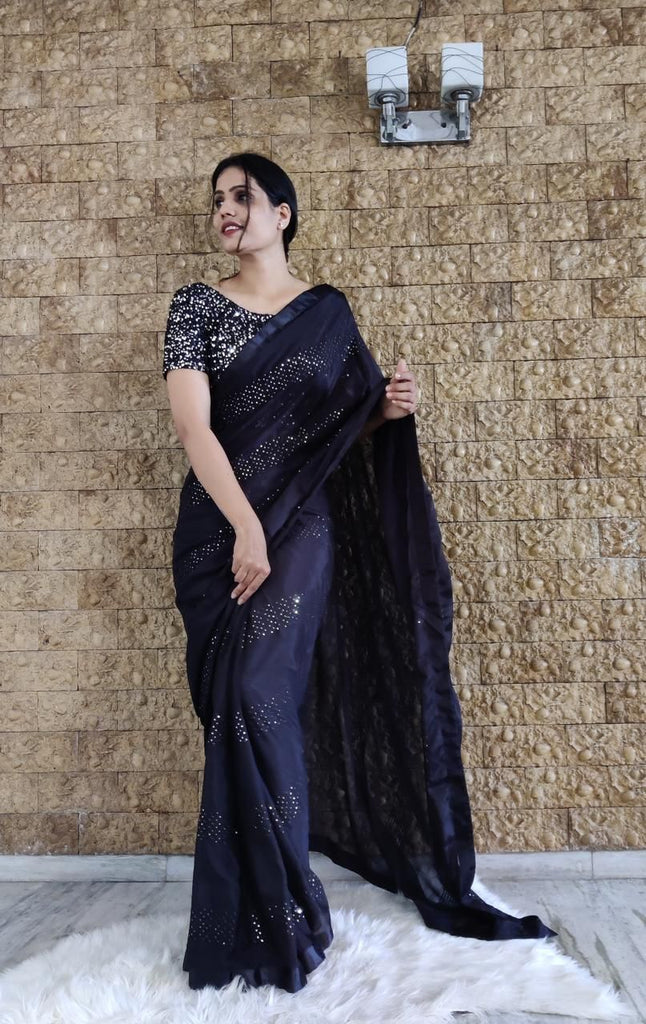 Black Chinnon Saree with heavy sequence Work Blouse ClothsVilla