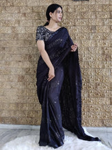 Load image into Gallery viewer, Black Chinnon Saree with heavy sequence Work Blouse ClothsVilla