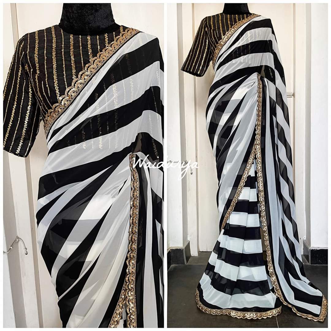 Black and White Soft Georgette Saree with Embroidery Work ClothsVilla Main image
