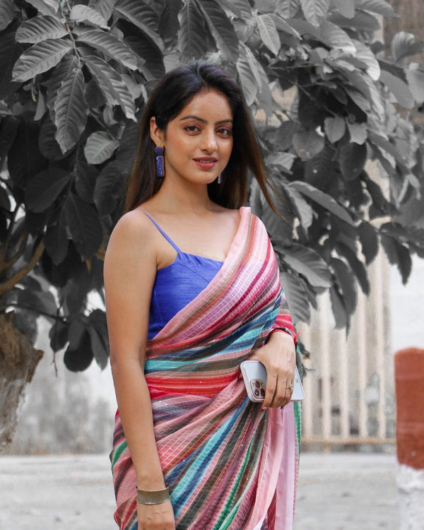Georgette Colorful Saree with Crochet and Sequence Work ClothsVilla