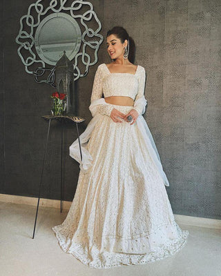 White Silk Lehenga choli with Heavy Lucknowi Work ClothsVilla
