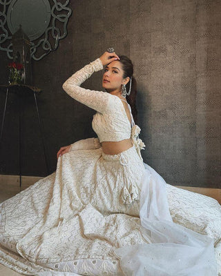 White Silk Lehenga choli with Heavy Lucknowi Work ClothsVilla