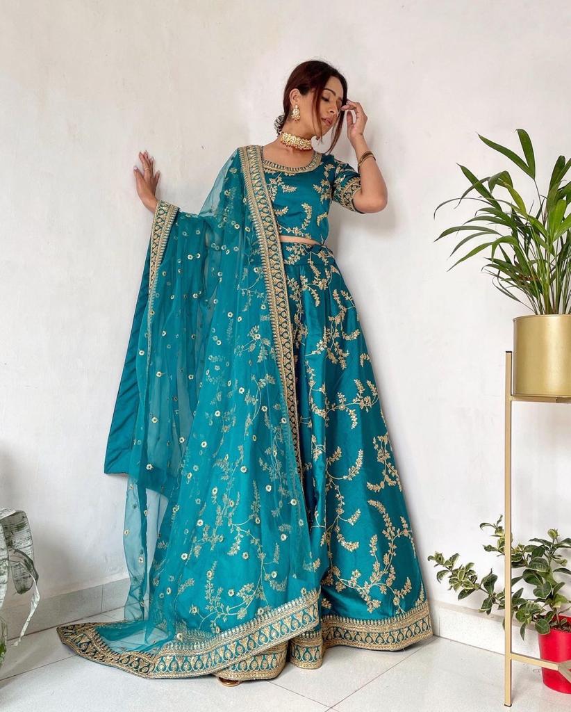 Navy Blue And Green Banarasi Silk Zari Woven Lehenga Choli