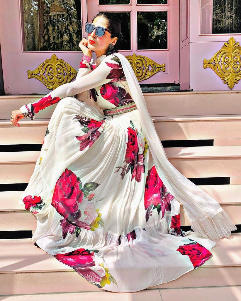 Alluring Floral Print White Color Designer Gown With Dupatta