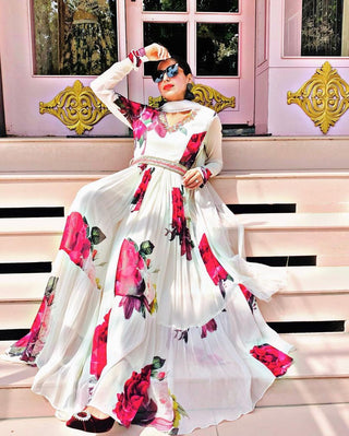 Alluring Floral Print White Color Designer Gown With Dupatta