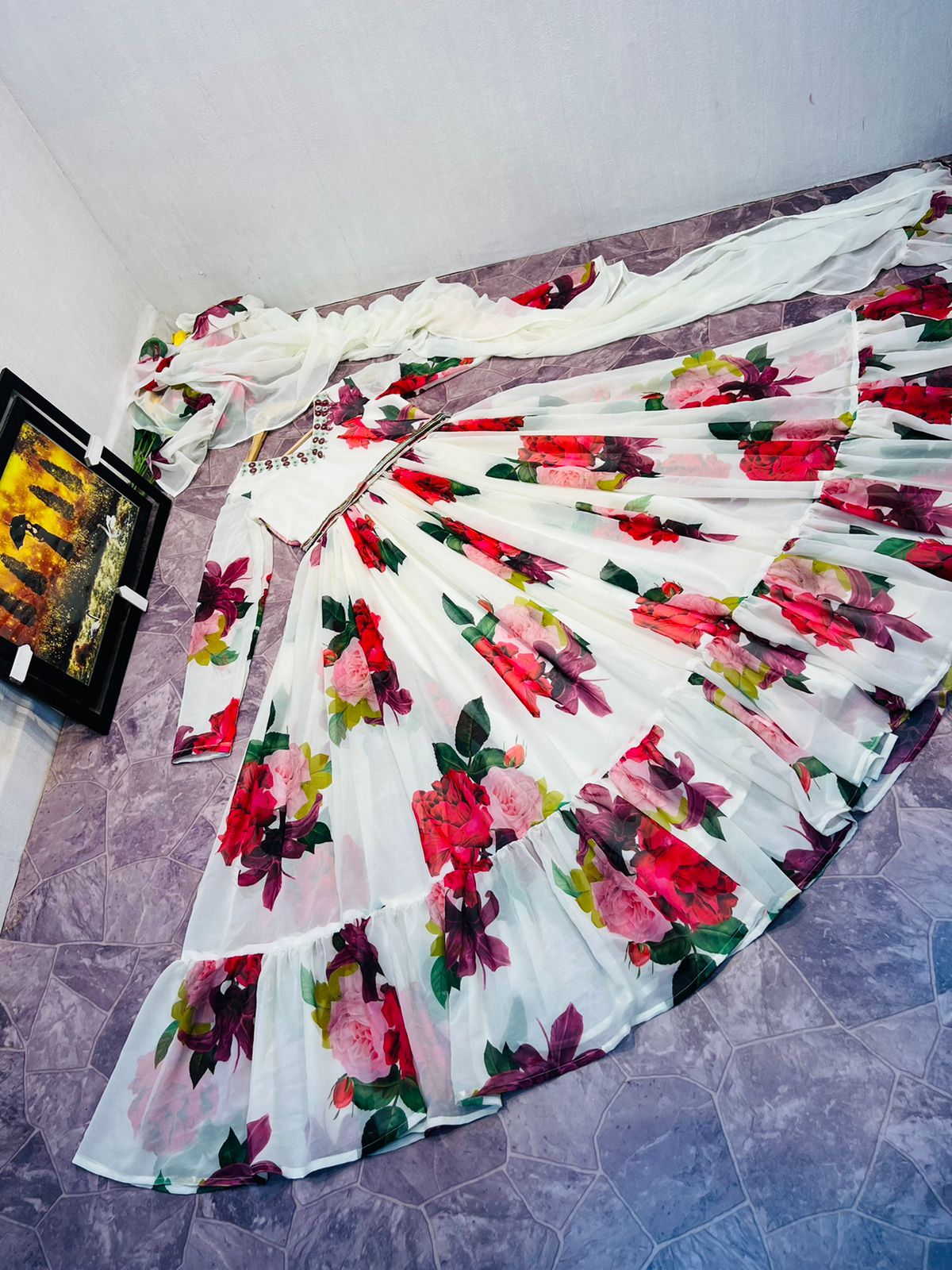 Alluring Floral Print White Color Designer Gown With Dupatta