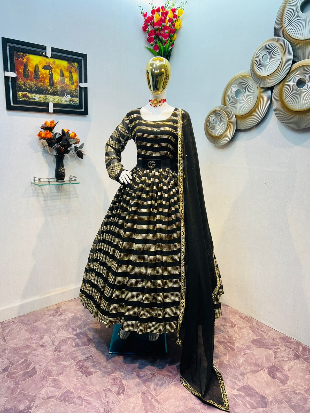 Party Wear Black Color Sequence Work Anarkali Gown Clothsvilla