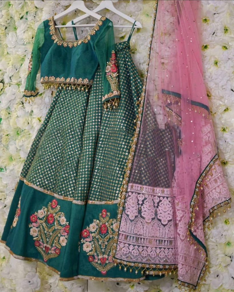 Green Vichitra Silk Lehenga Choli with Pink Dupatta ClothsVilla