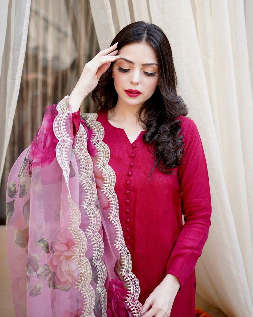 Stylish Pink Color Cotton Sharara Suit With Organza Dupatta Clothsvilla