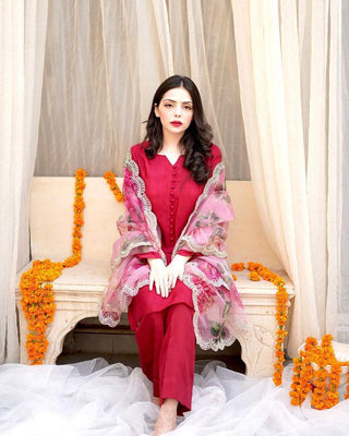 Stylish Pink Color Cotton Sharara Suit With Organza Dupatta Clothsvilla
