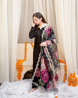 Stylish Black Color Cotton Sharara Suit With Organza Dupatta Clothsvilla