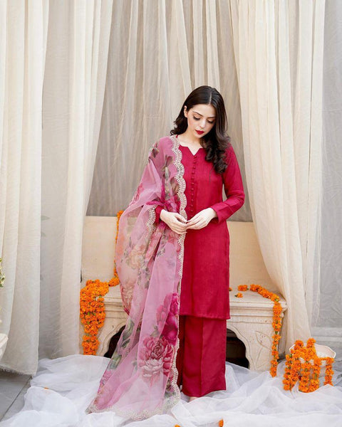 Stylish Pink Color Cotton Sharara Suit With Organza Dupatta Clothsvilla Main image