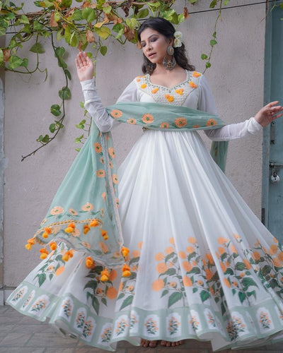 NEW DESIGNER PARTY WEAR BEAUTIFUL EMBROIDERY AND SEQUENCE WORK WHITE GOWN  WITH DUPATTA – Prititrendz