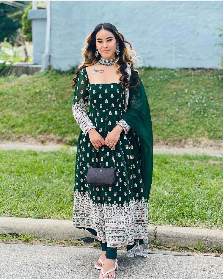 Outstanding Dark Green Full Embroidered Work Gown Clothsvilla