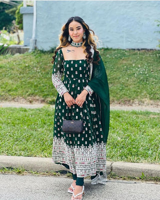 Outstanding Dark Green Full Embroidered Work Gown Clothsvilla