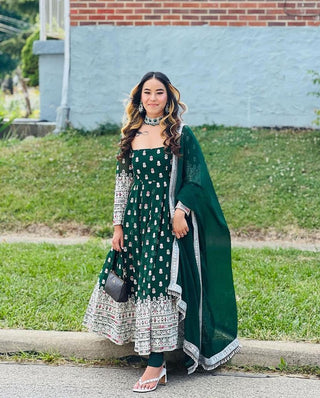 Outstanding Dark Green Full Embroidered Work Gown Clothsvilla