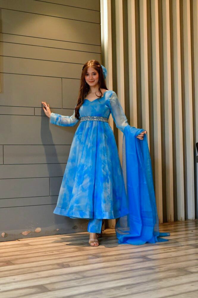 Beautiful Shibori Print Blue Color Organza Silk Gown Clothsvilla
