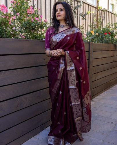 Arresting Maroon Soft Banarasi Silk Saree With Unique Blouse Piece KPR