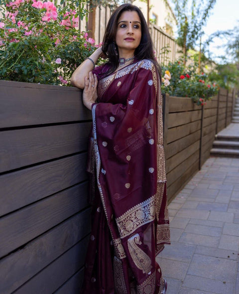 Arresting Maroon Soft Banarasi Silk Saree With Unique Blouse Piece KPR Main image
