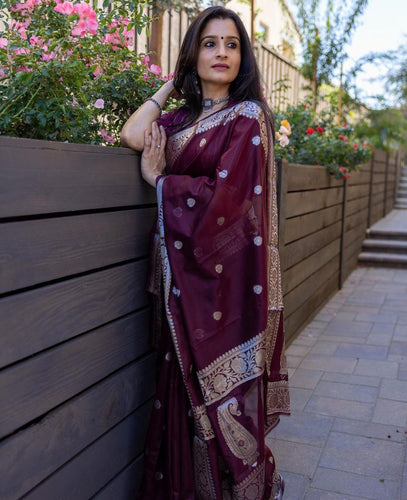 Arresting Maroon Soft Banarasi Silk Saree With Unique Blouse Piece KPR