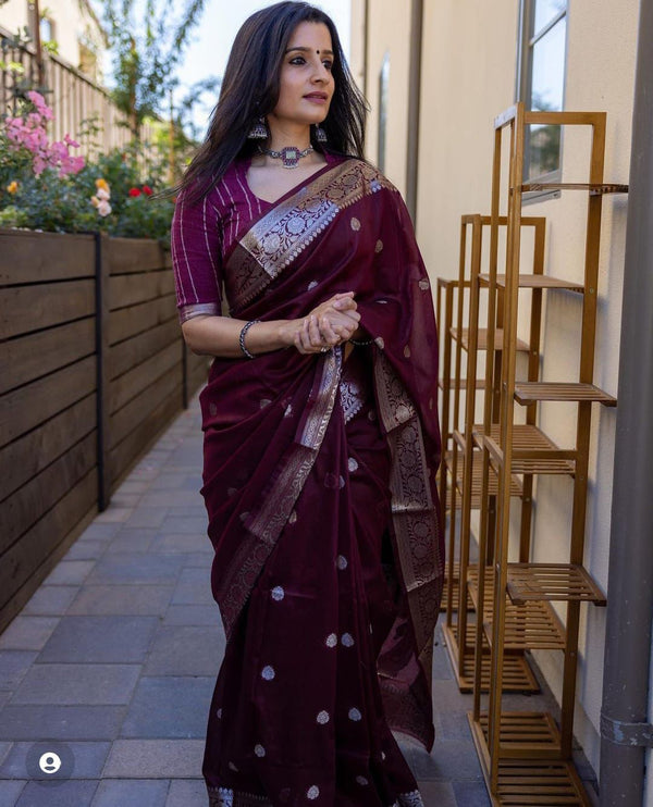 Arresting Maroon Soft Banarasi Silk Saree With Unique Blouse Piece KPR
