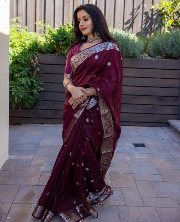 Arresting Maroon Soft Banarasi Silk Saree With Unique Blouse Piece KPR