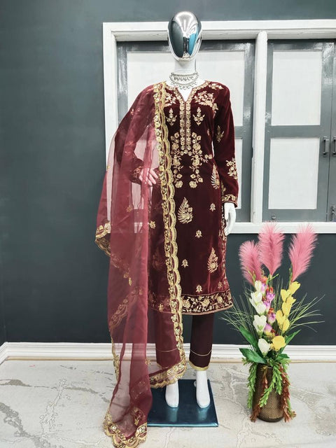 Maroon Color Embroidery & Sequence Work Velvet Salwar Suit Clothsvilla Main image