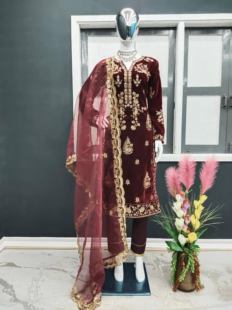 Maroon Color Embroidery & Sequence Work Velvet Salwar Suit Clothsvilla