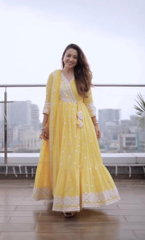 Yellow Color Heavy Embroidery Work Ruffle Style Gown Clothsvilla Main image