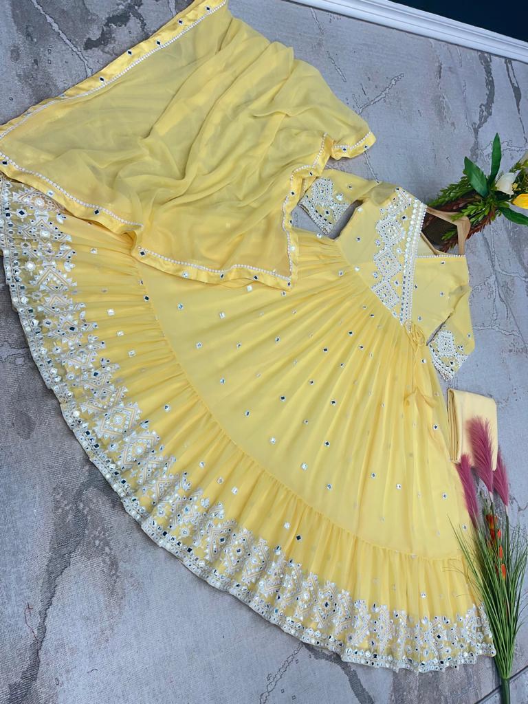 Yellow Color Heavy Embroidery Work Ruffle Style Gown Clothsvilla