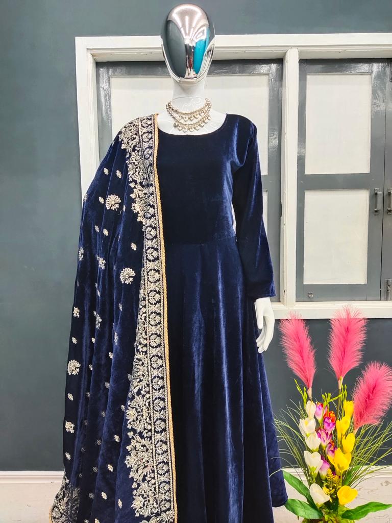 Designer Teal Blue Color Velvet Gown with Embroidery Work Dupatta