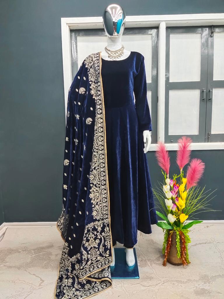 Stylish Blue Color Embroidery Work Velvet Gown