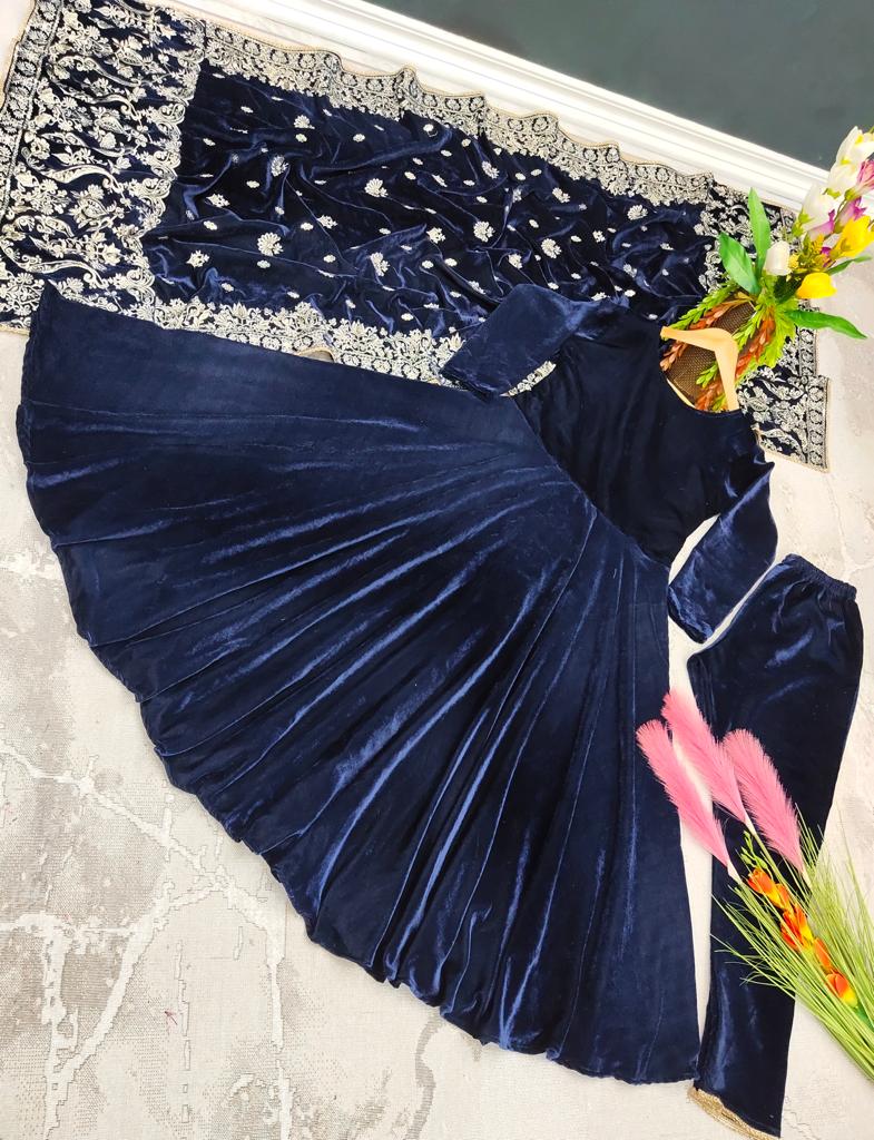 Designer Teal Blue Color Velvet Gown With Embroidery Work Dupatta Clothsvilla