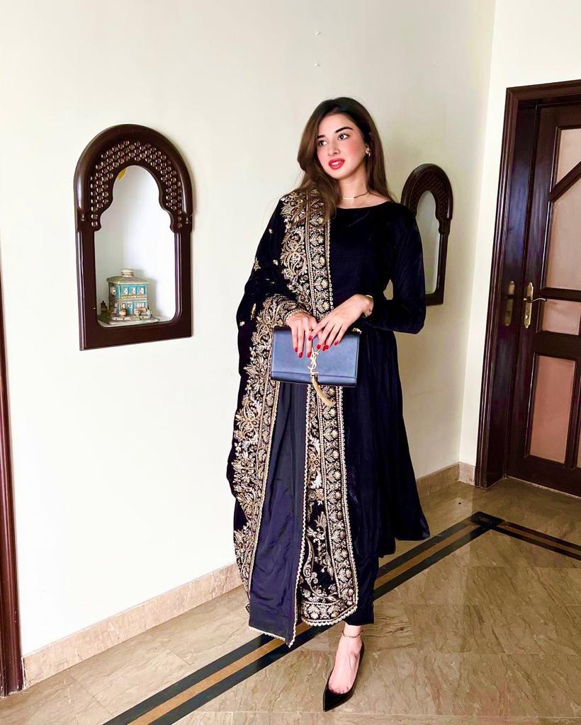 Wedding Wear Blue Color Velvet Anarkali Gown Clothsvilla
