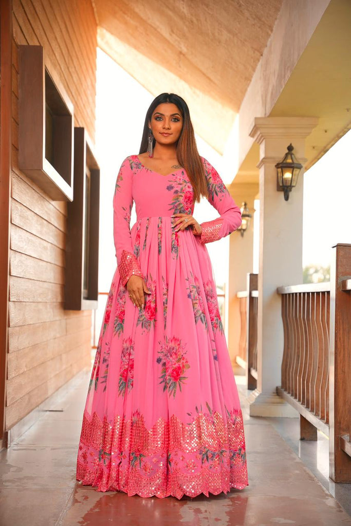 pink work dress Pink Color Floral Printed Embroidery Work Gown