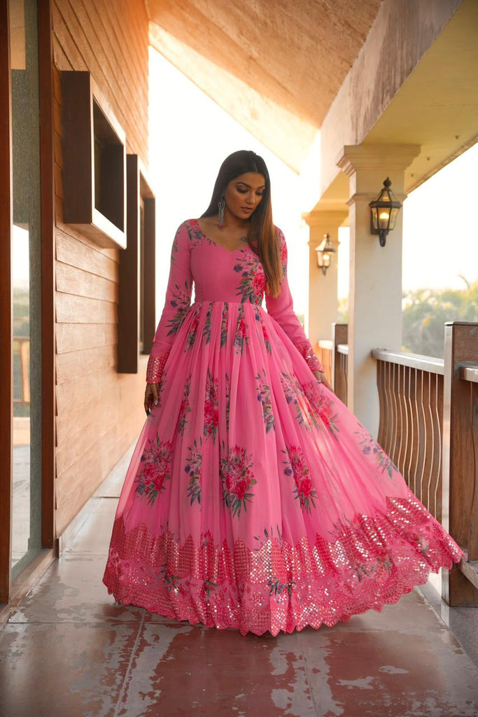 Pink Color Floral Printed Embroidery Work Gown Clothsvilla