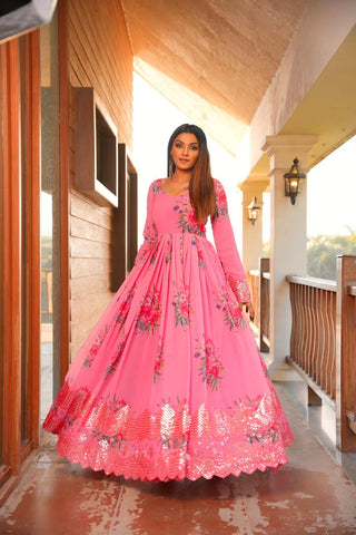Pink Color Floral Printed Embroidery Work Gown Clothsvilla
