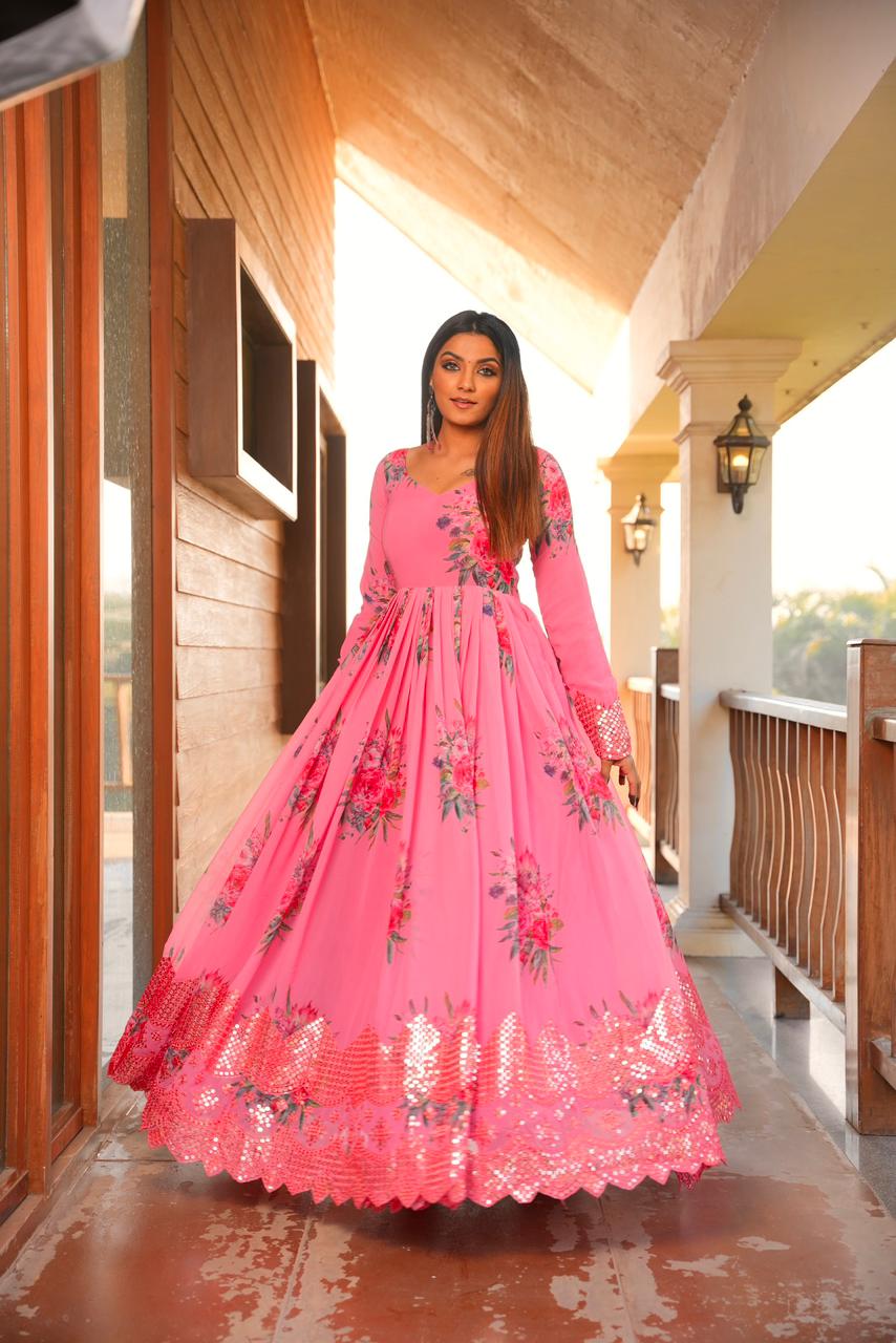 Pink Color Floral Printed Embroidery Work Gown Clothsvilla
