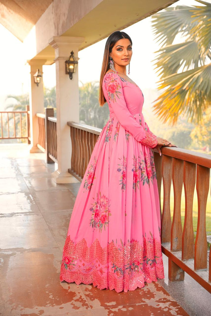 Pink Color Floral Printed Embroidery Work Gown Clothsvilla