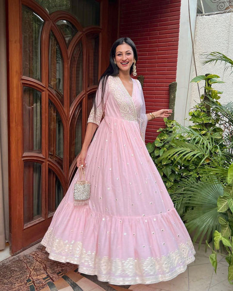 Light Pink Color Heavy Embroidery Work Ruffle Style Gown Clothsvilla Main image