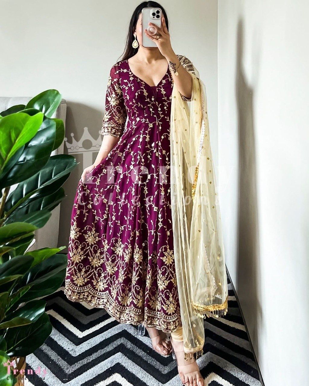 Wine Color Embroidery Sequence Work Gown with Dupatta Clothsvilla