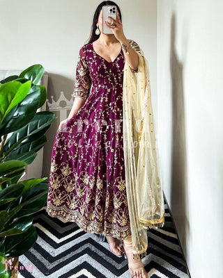 Wine Color Embroidery Sequence Work Gown with Dupatta Clothsvilla