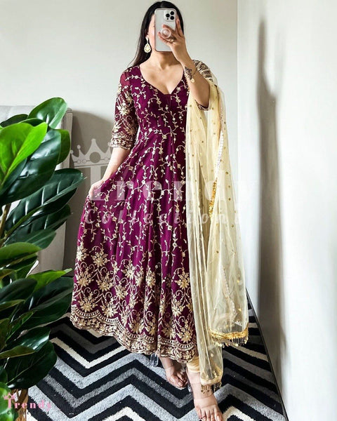 Wine Color Embroidery Sequence Work Gown with Dupatta Clothsvilla Main image